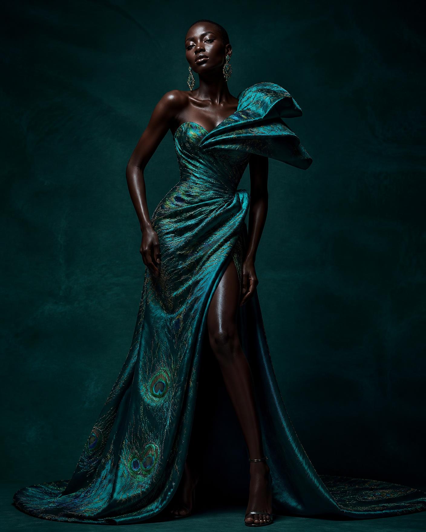 Modelo com vestido sob medida em seda esmeralda com padrão de plumagem